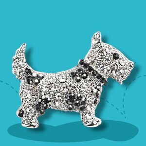 Silver Dog Puppy Brooch Pin Clear & Black Rhinestones